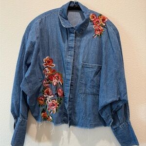 Zara Blue Denim Floral Embroidered Top
